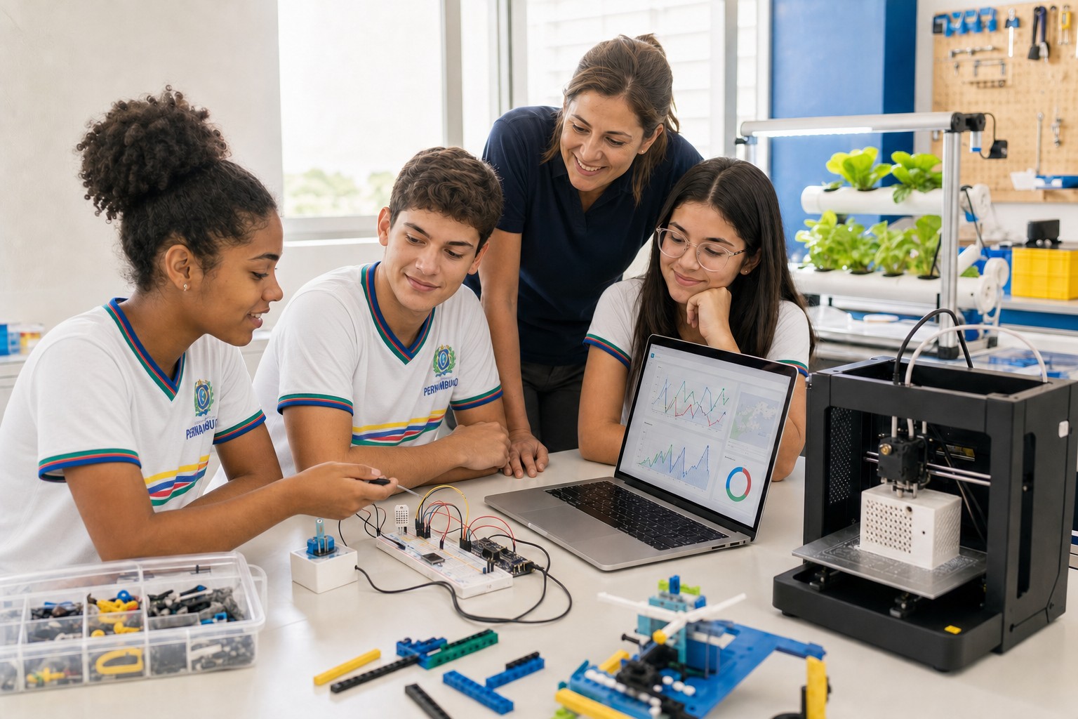 Três estudantes com uniforme da Rede Estadual e uma professora trabalhando com sensores, computador e impressora 3D