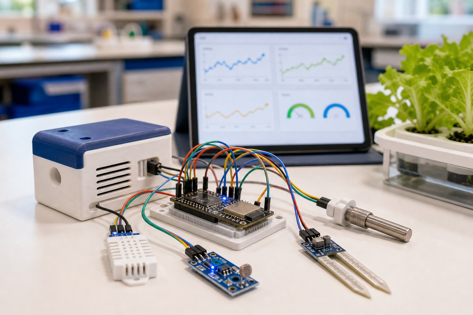 Protótipo com ESP32, sensores, caixa impressa em 3D, painel de dados e cultivo hidropônico